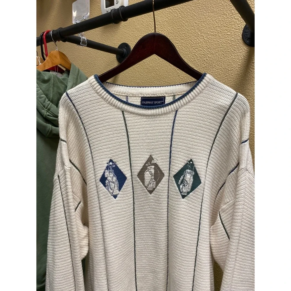 Vintage‎ Fairway Sport Mens Cream Golf Scene Embroidered Long Sleeve Sweater XL